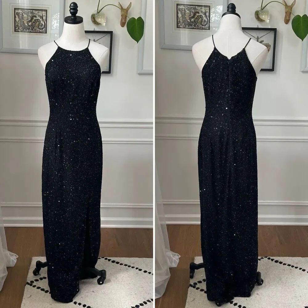 Marina Halter Column Sheath Dress Gown Black Sequin Beaded 10